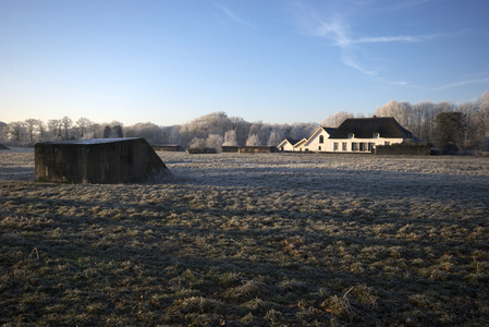 900070 Gezicht op de boerderij Goed ten Rijn (Rhijnauwenselaan 5) te Bunnik, met op de voorgrond een groepsschuilplaats.